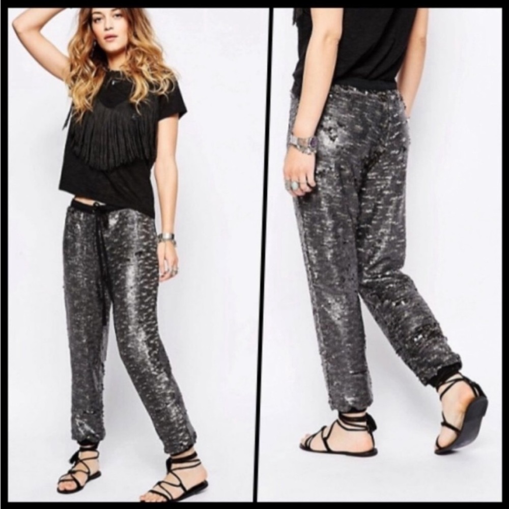 Free People Matte Black Relaxed Sequin Jogger Women's Size large
